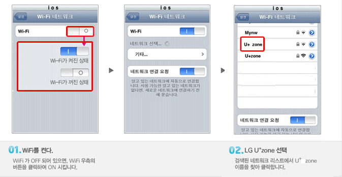 광주캠퍼스 ios LGT(U+ zone) 접속방법 안내 이미지
01 WiFi를 켠다.
WiFi가 OFF 되어 있으면 WiFi우측의 버튼을 클릭하여 ON 시킵니다.
02 LG U+ zone 선택
검색된 네트워크 리스트에서U+ zone 이름을 찾아 클릭합니다.